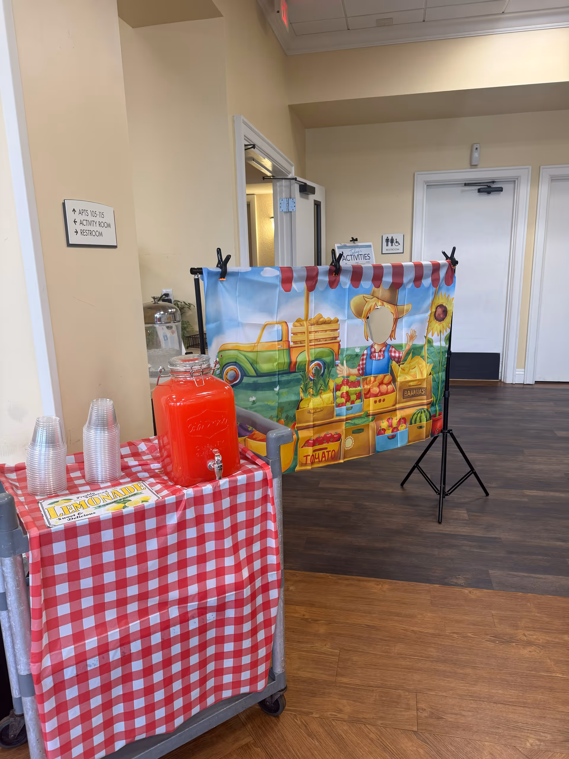 Indoor hallway with a red-checkered lemonade table and colorful farm-themed backdrop.