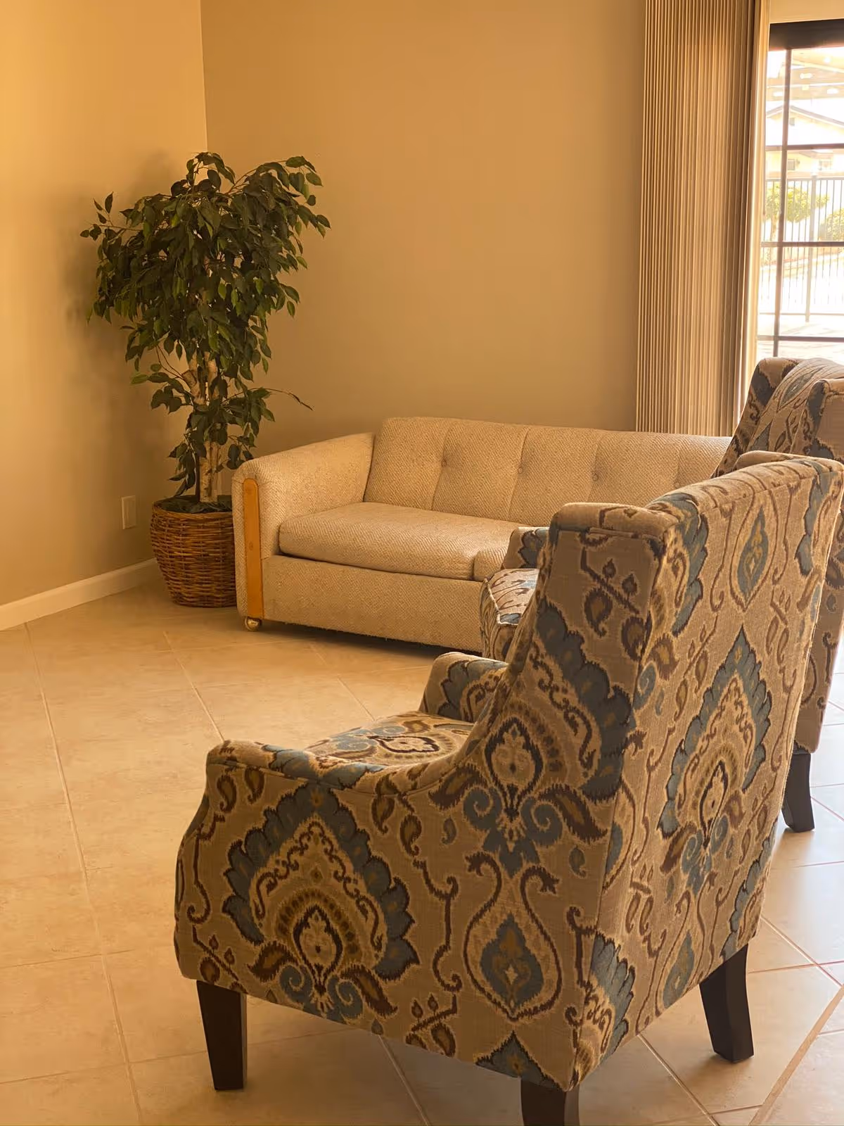 A cozy living room area with patterned chairs, a beige sofa, and a potted plant.