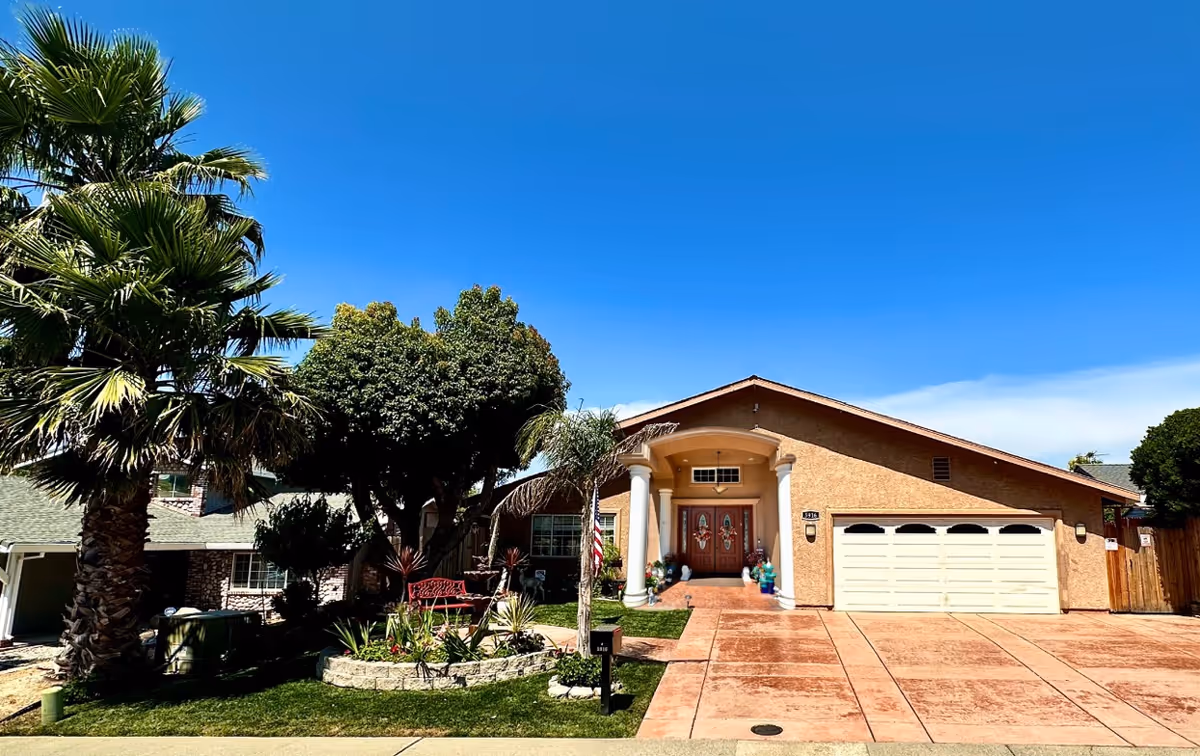 Sunny exterior view of Brookhaven Home Care’s front entrance with palm trees and a driveway.