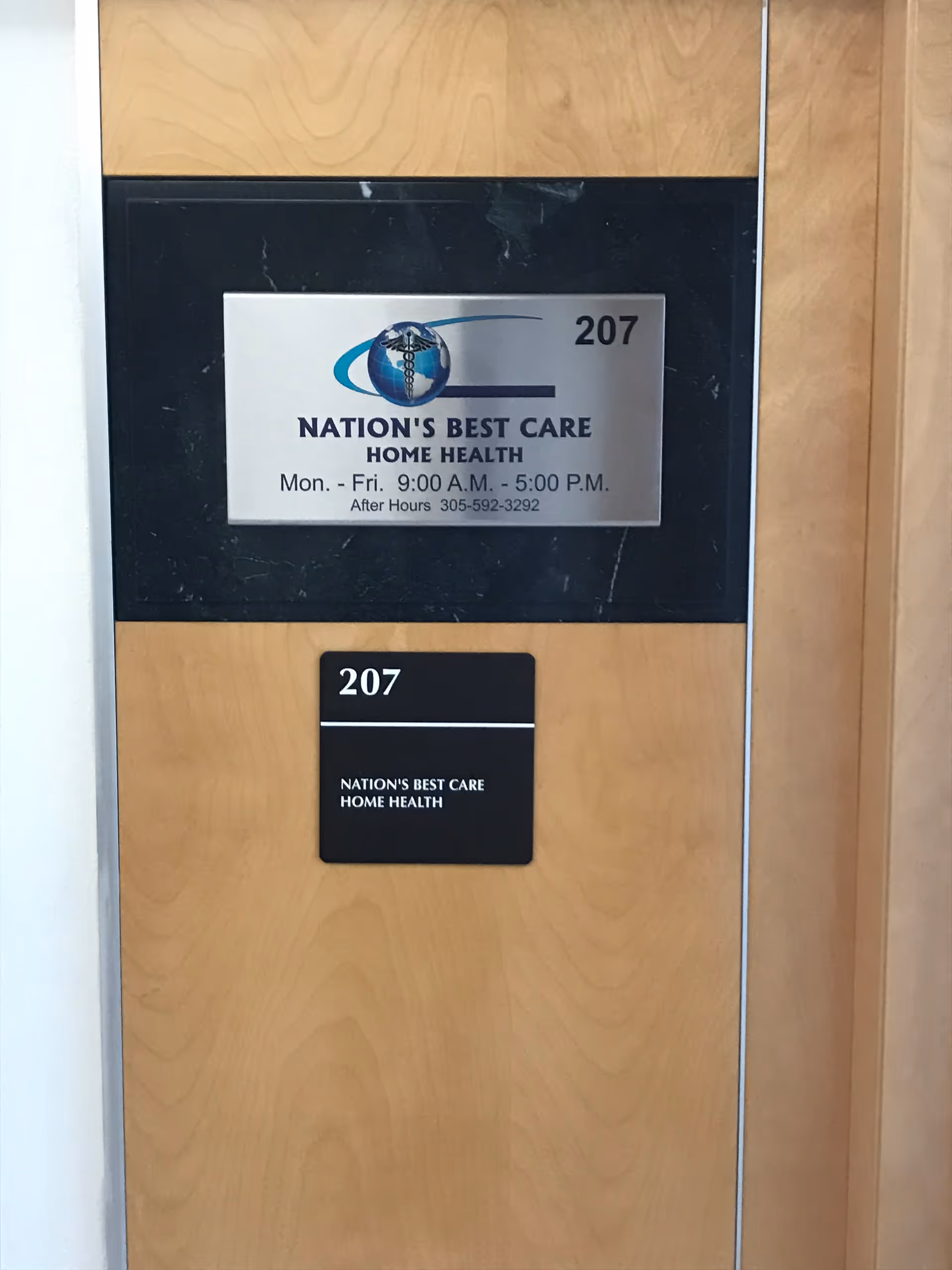 Door with room number 207 and Nation's Best Care Home Health plaque.