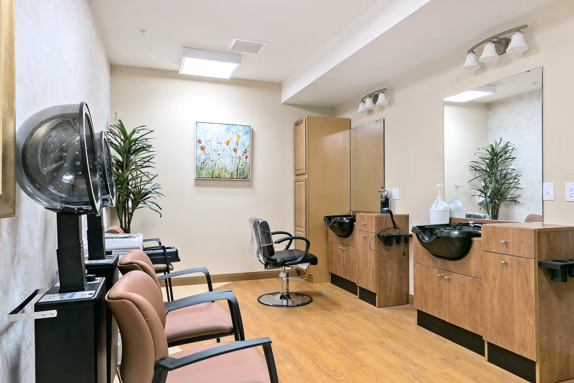 Interior of a hair salon area in an assisted living facility featuring two hair drying chairs with hooded dryers, a styling chair in front of a large mirror, wooden cabinets with black sinks, a potted plant, and a floral painting on the wall.