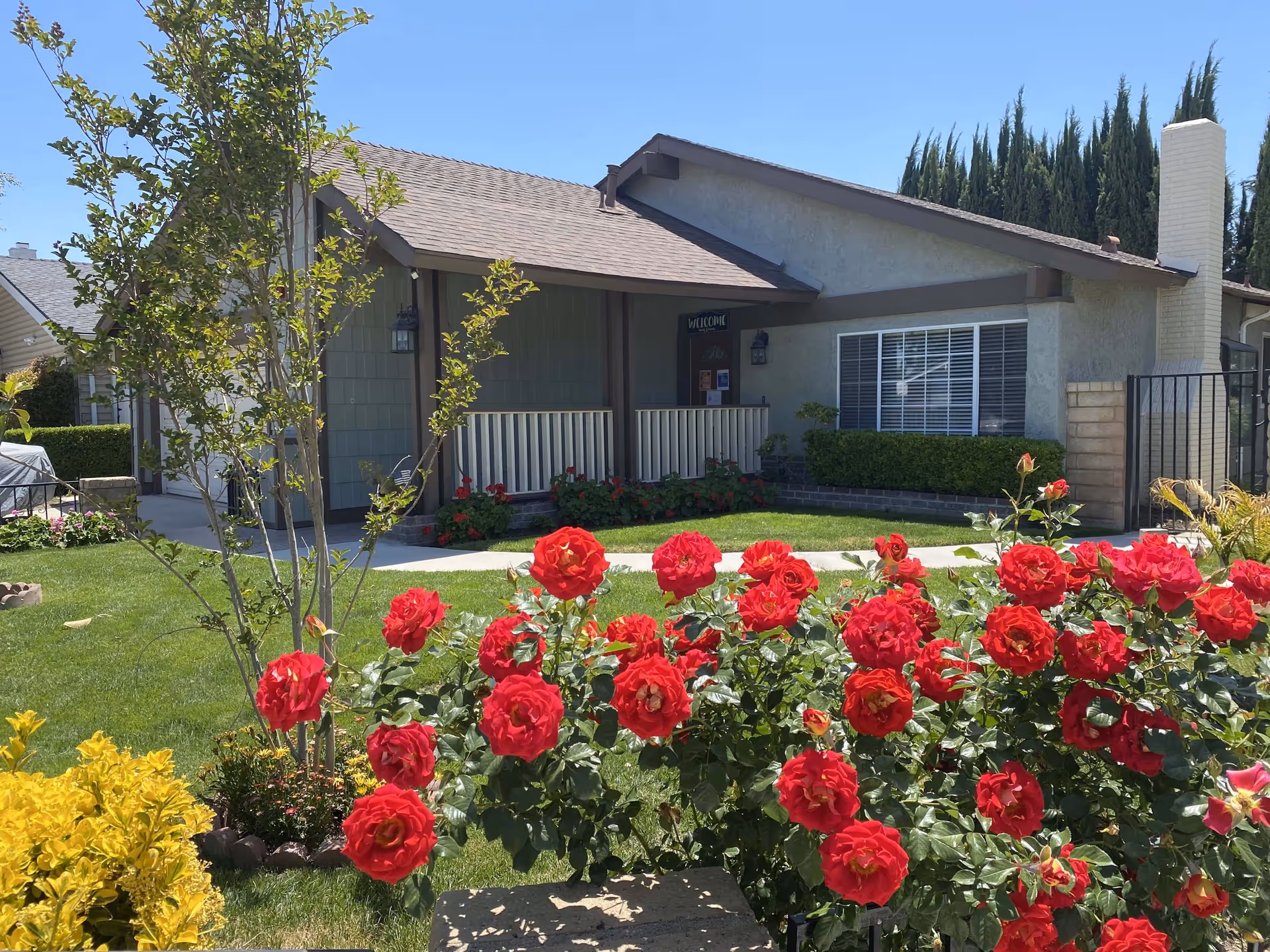 Front view of a single-story residence with a porch, green lawn, and a foreground of red roses.