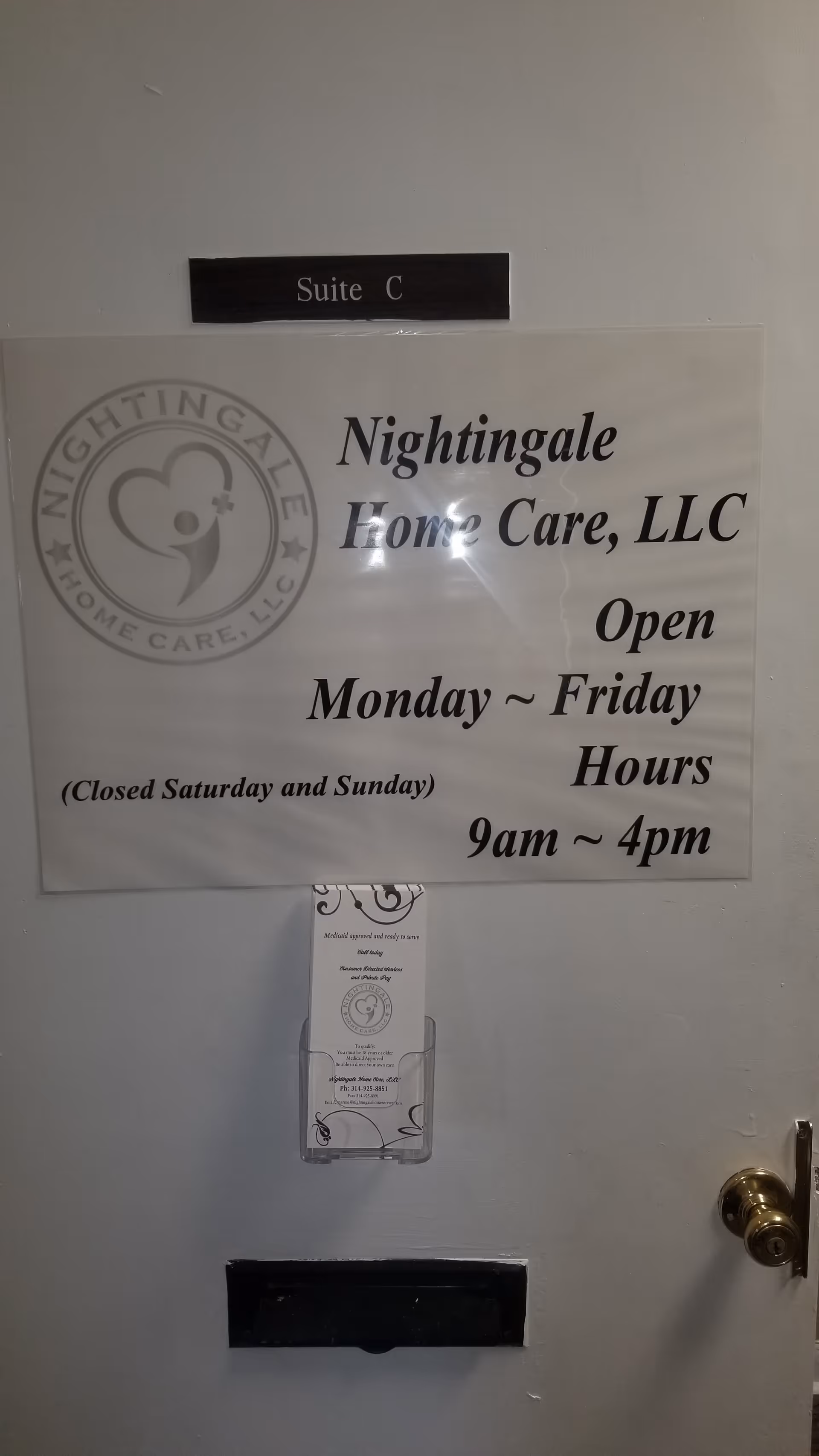 Door displaying Nightingale Home Care LLC sign, Suite C plaque, and posted hours 9am-4pm