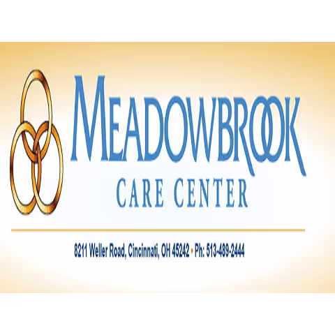 Meadowbrook Care Center logo and address on a light gradient sign.