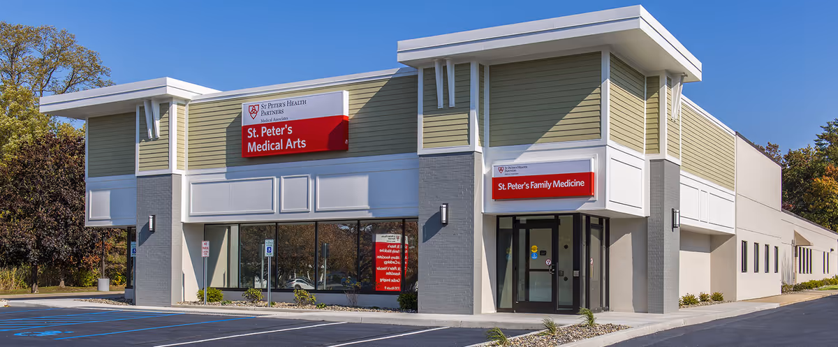 Modern medical arts building exterior with St. Peter's Medical Arts signage.