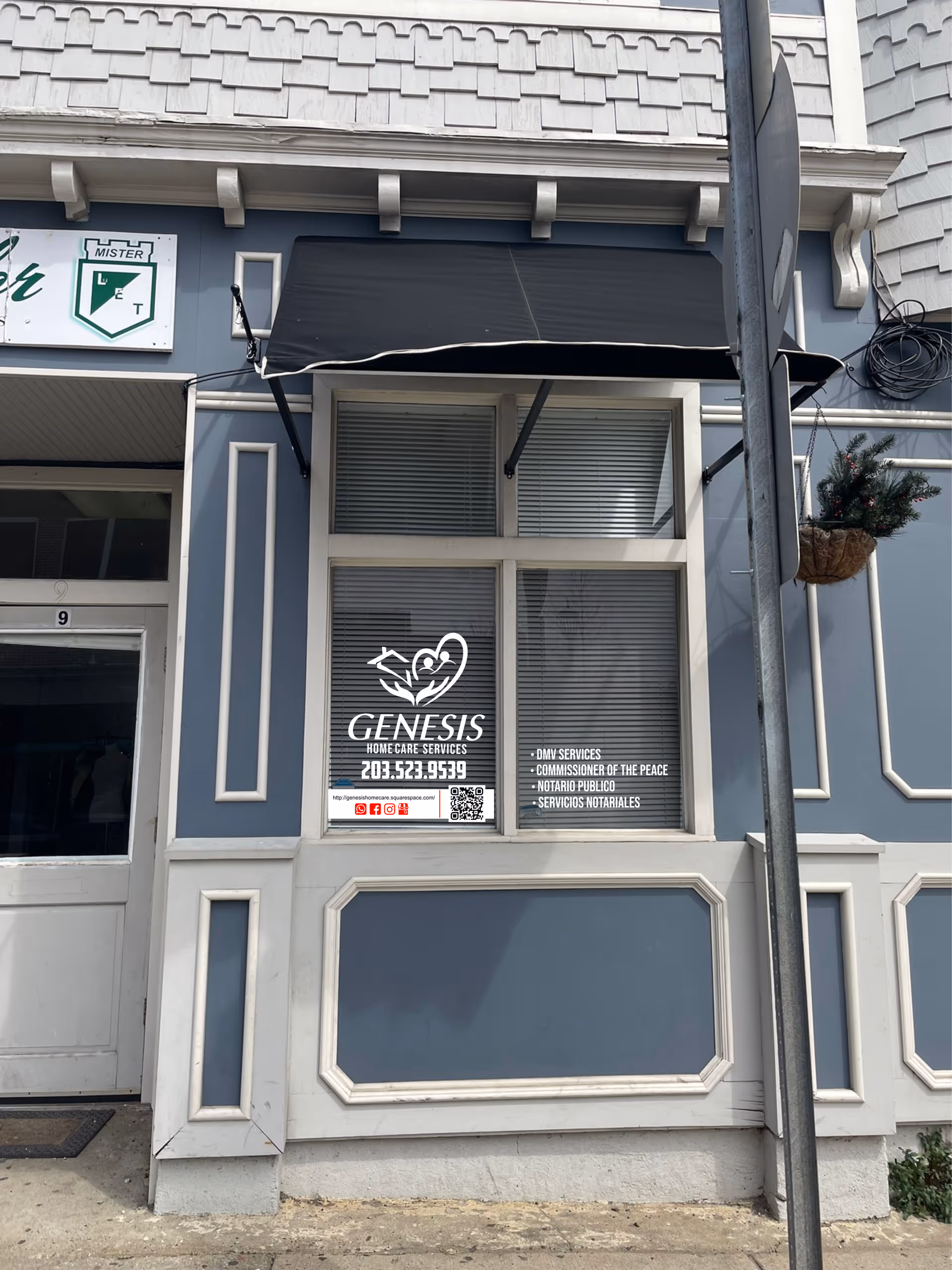 Front view of Genesis Home Care Services storefront with window sign and awning.