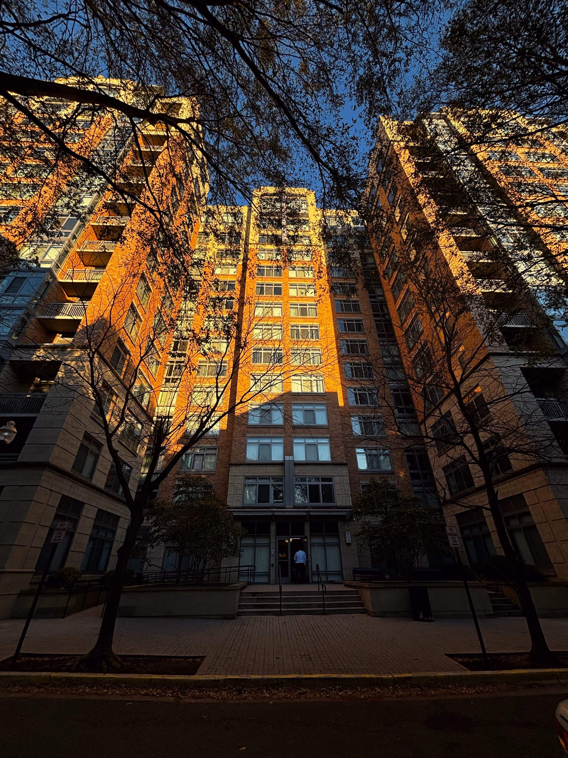 Looking up at the sunlit brick facade of a multi-story apartment building framed by trees and a street-level entrance.