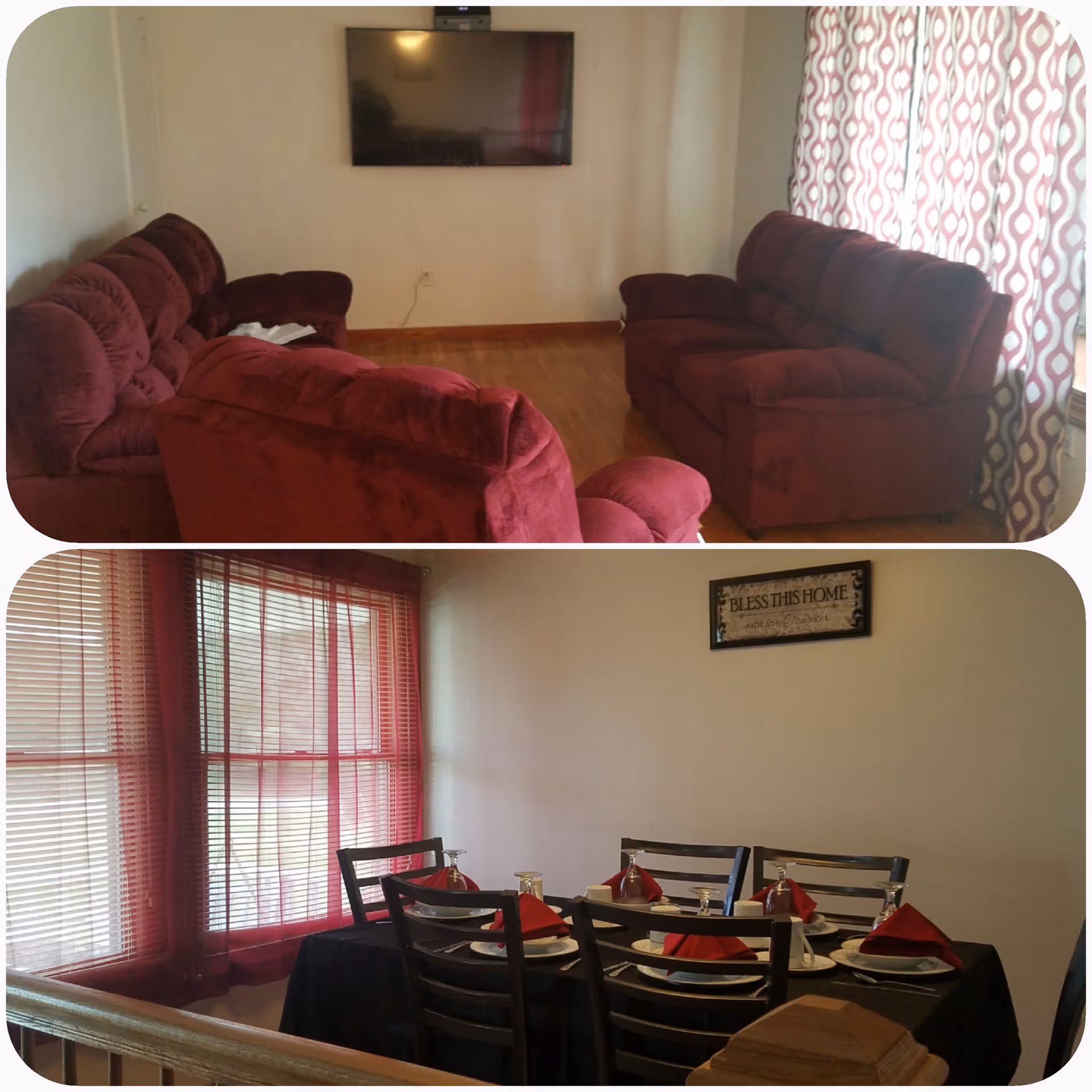 Collage showing a living room with red upholstered sofas and a wall-mounted TV, above a dining area with a set table, chairs, and red window treatments.