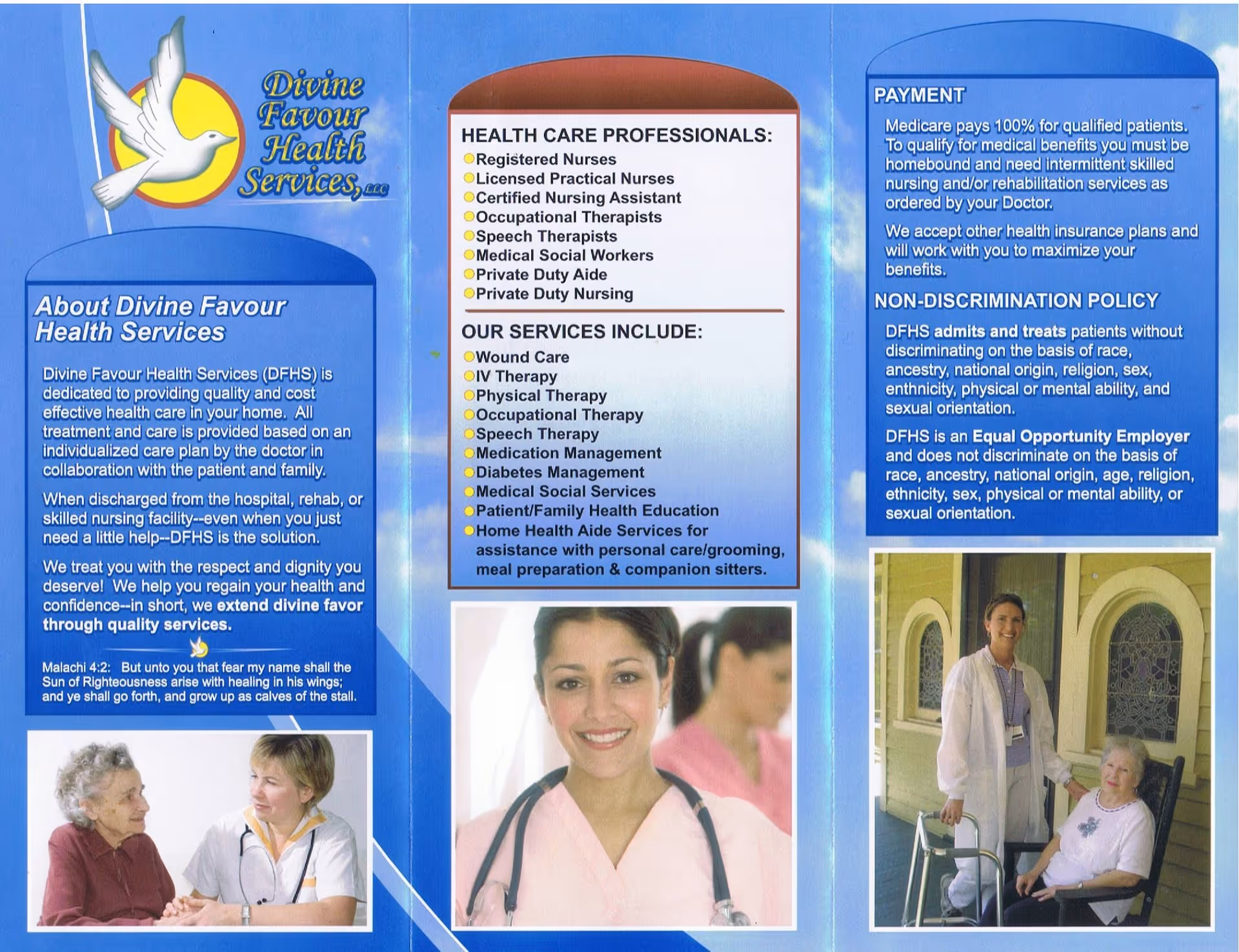 Blue trifold brochure page for Divine Favour Health Services showing staff and patient photos.