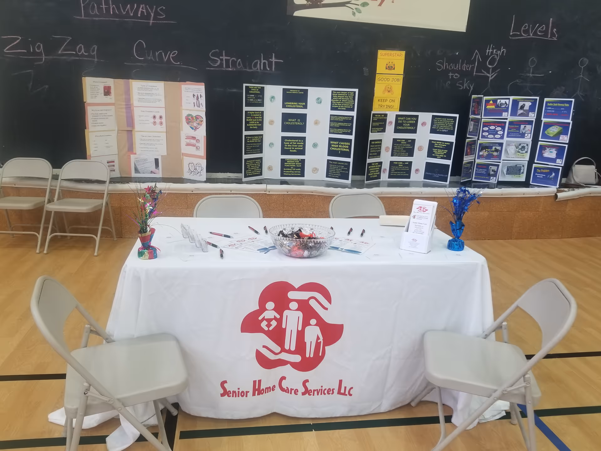 Registration table with Senior Home Care Services LLC logo in a classroom event space.