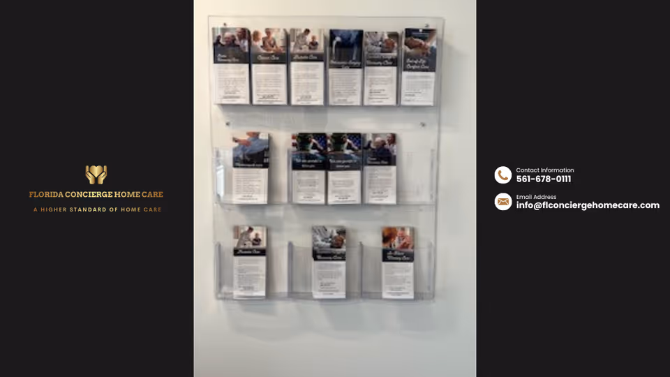 Wall-mounted brochure display with multiple informational pamphlets in a clean interior.