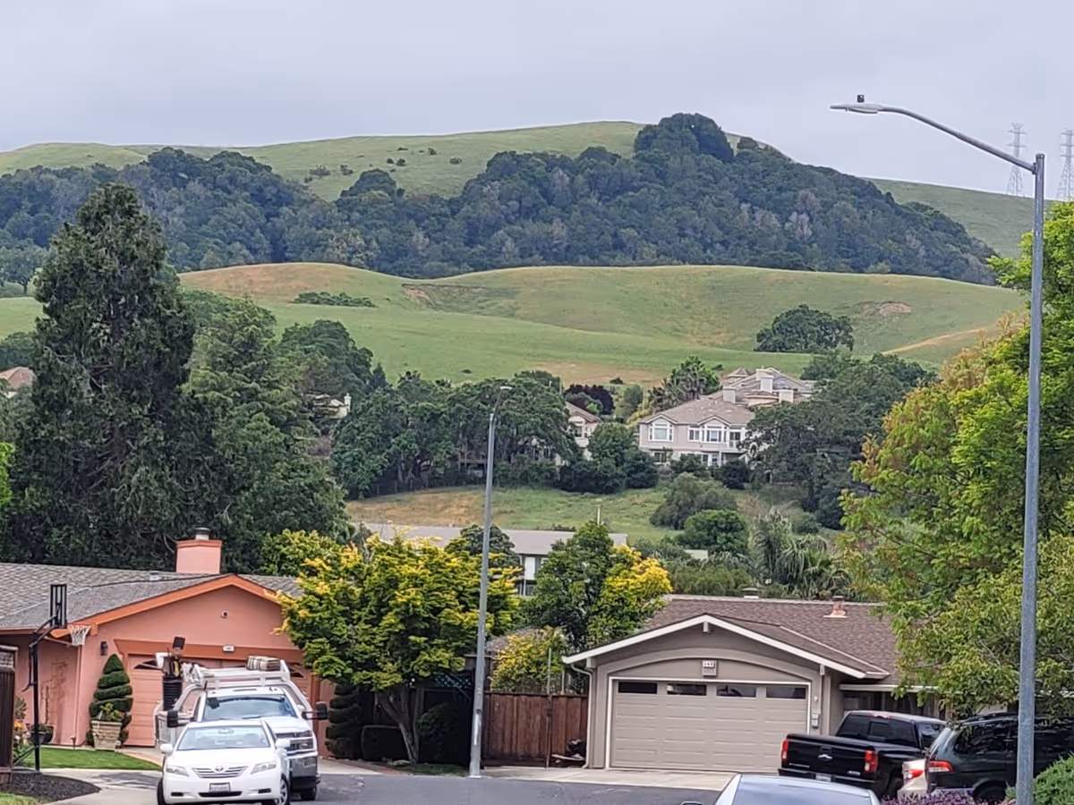 Suburban residential street with parked cars and hills in the background.