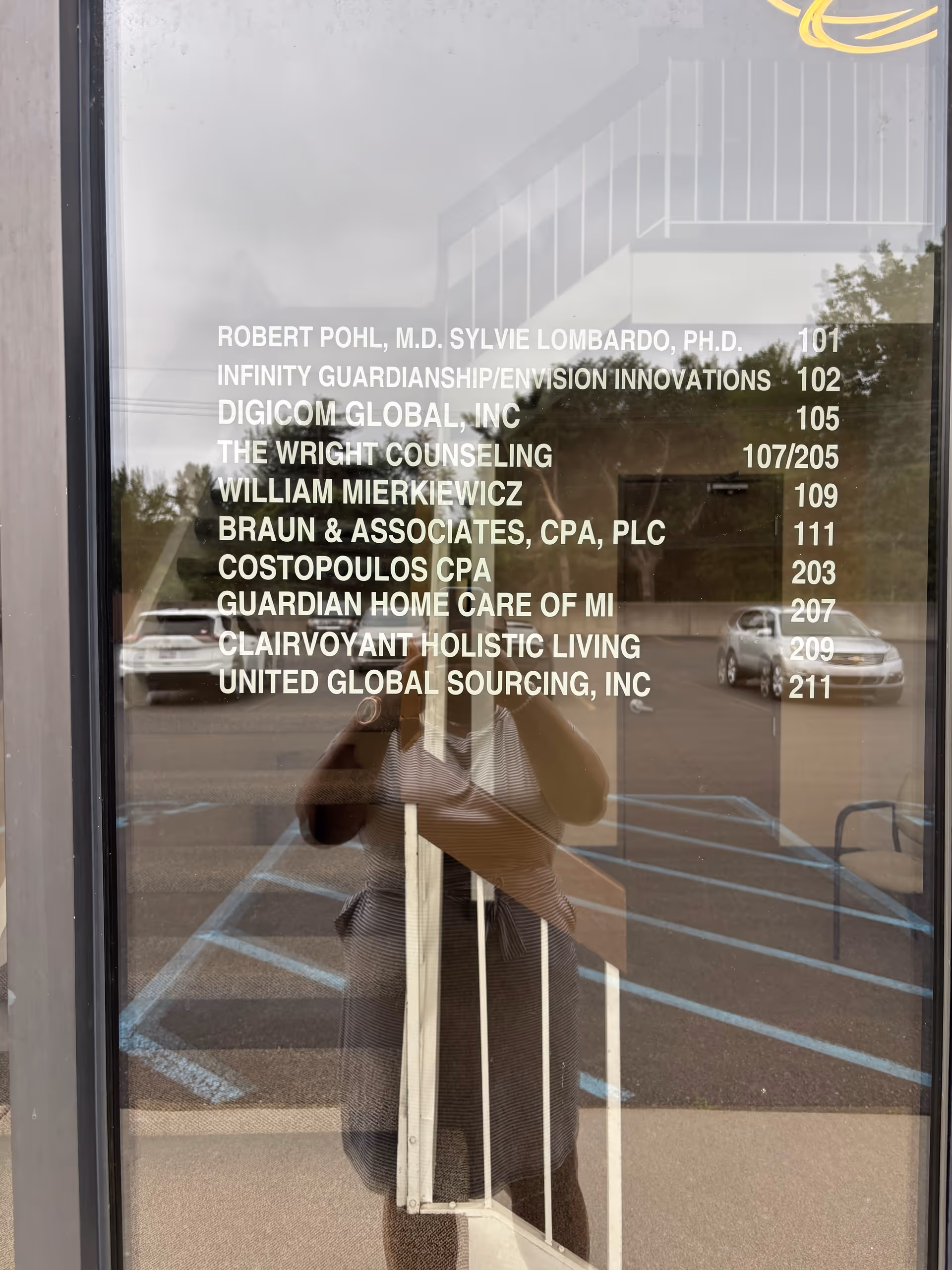 Glass door directory for Guardian Home Care of MI with reflected parking lot.