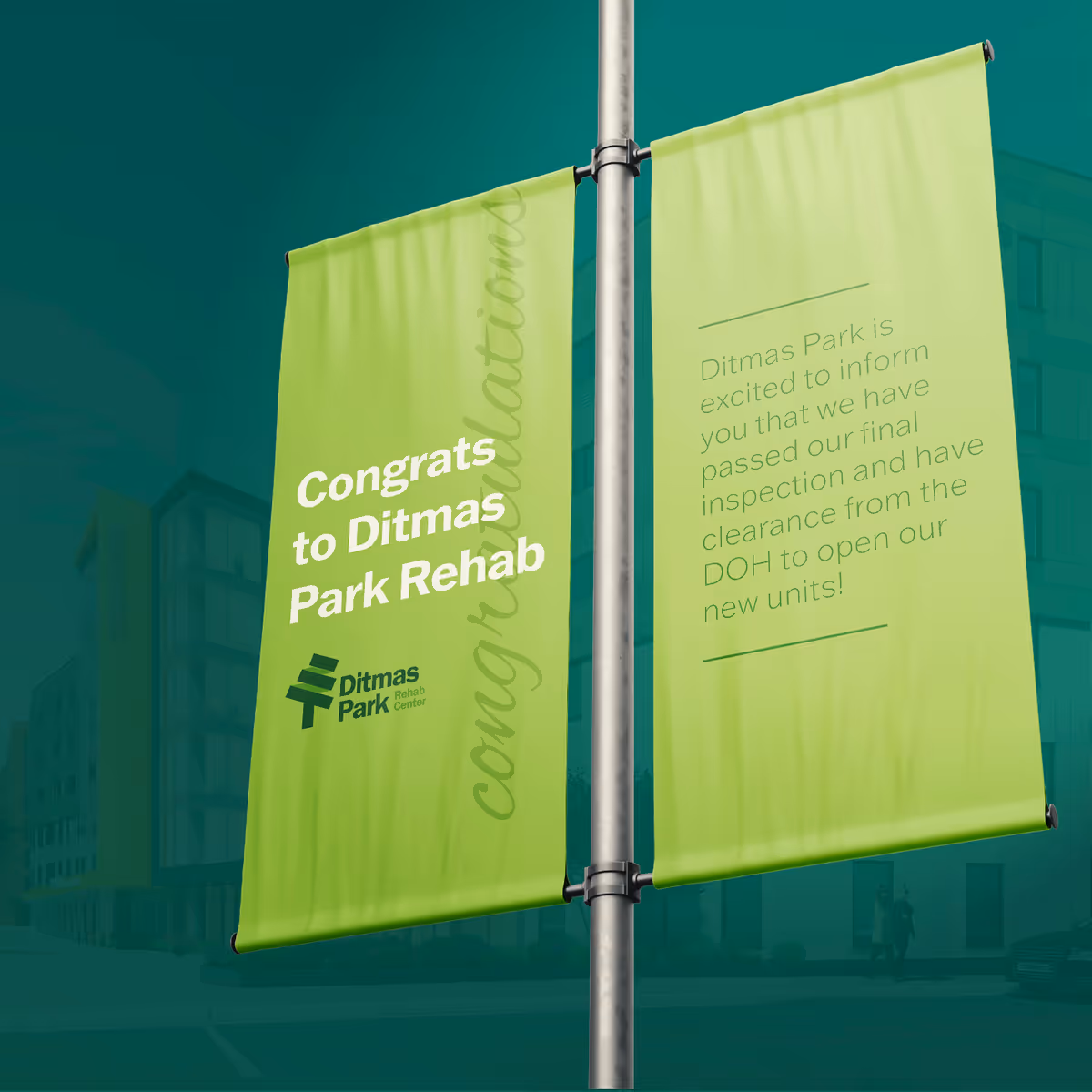 Bright green banners on a pole in front of a building.