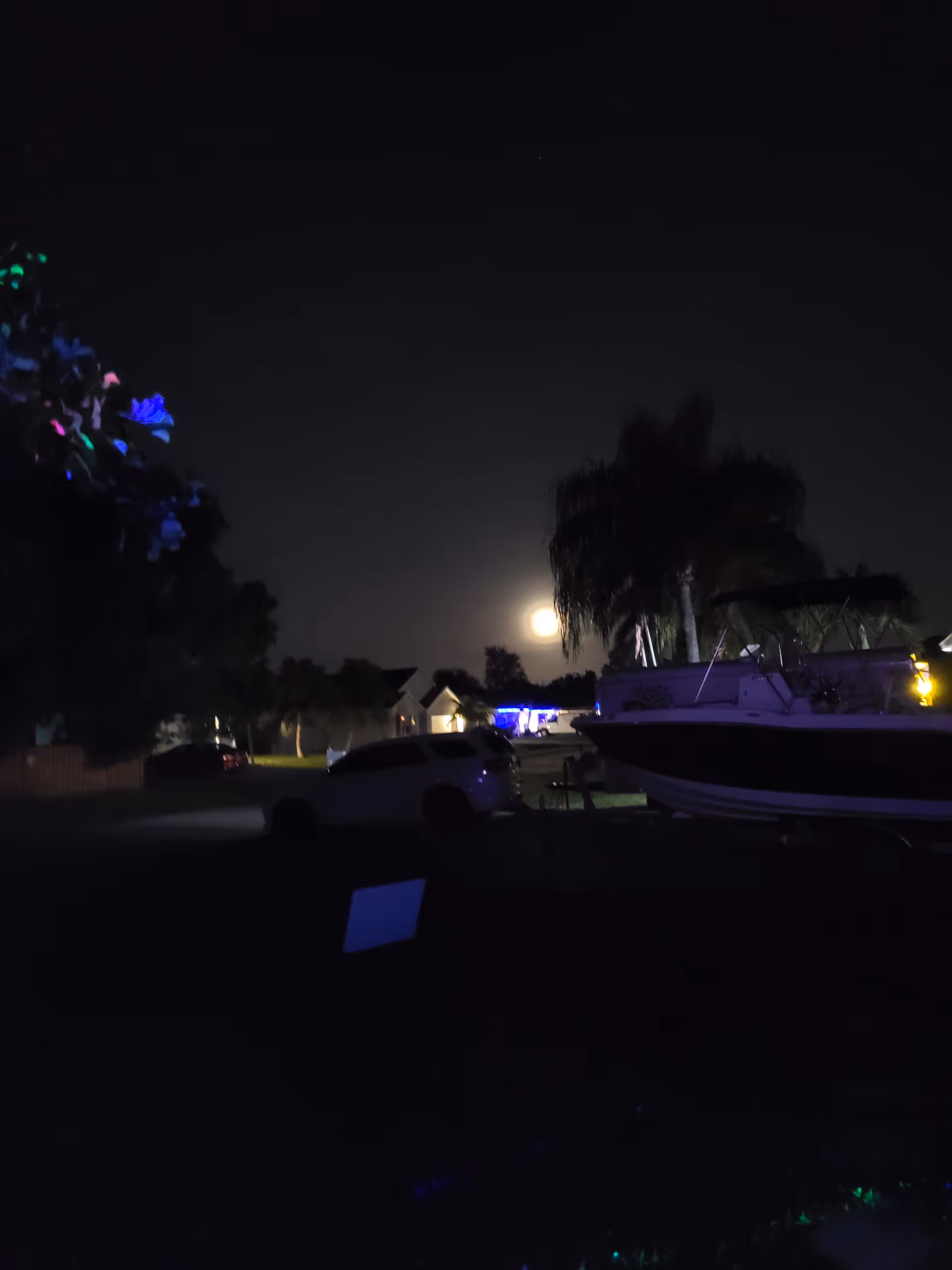 Night exterior of the facility with a boat and parked car near illuminated trees.