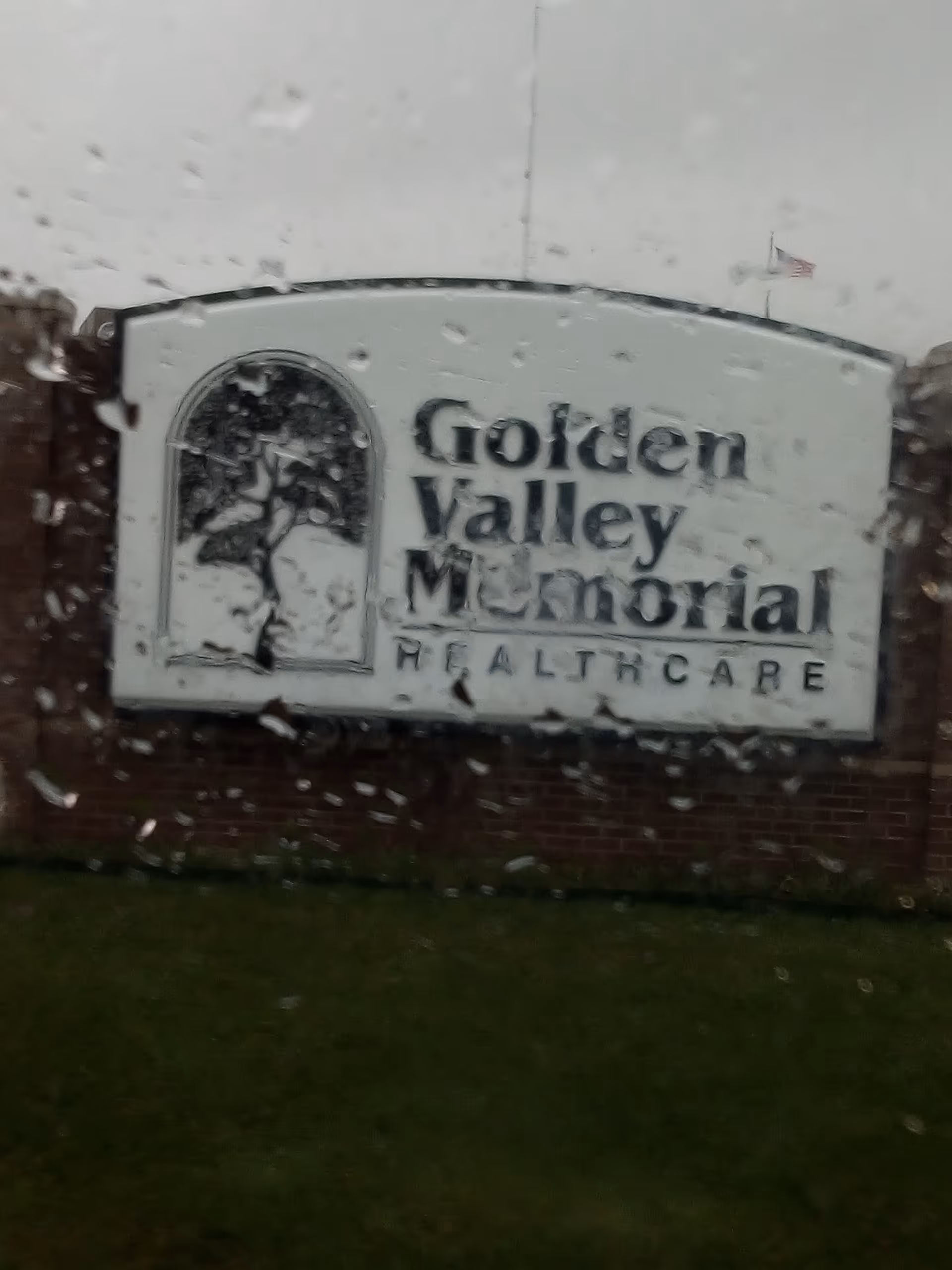 Exterior wall sign reading Golden Valley Memorial Healthcare on brick wall