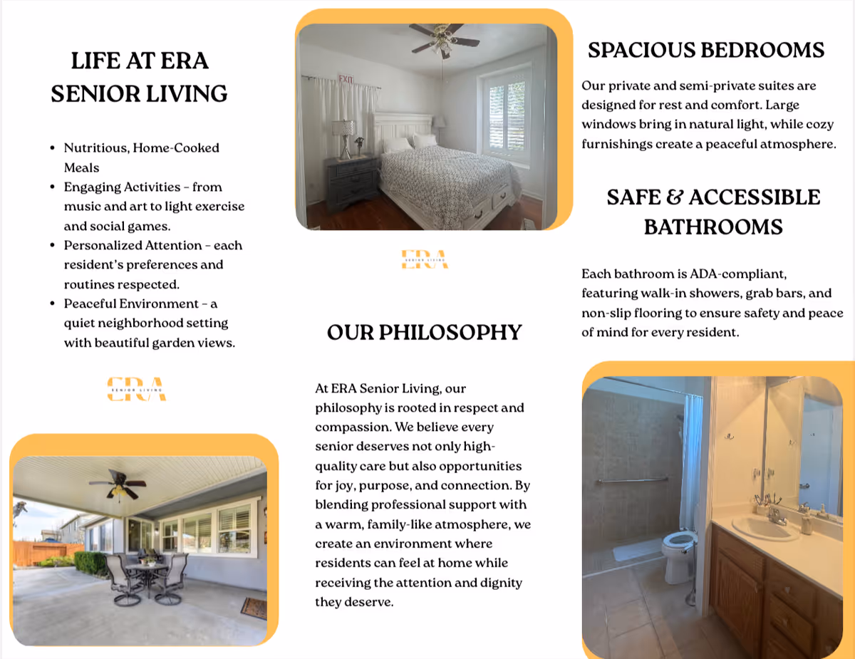 A brochure collage showing a bedroom, bathroom, and outdoor seating at Era at Vintage Park.