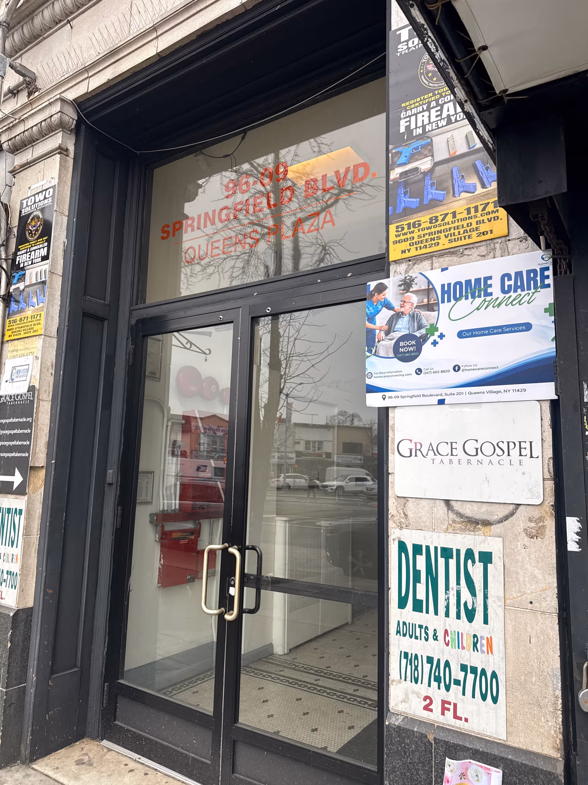 Exterior storefront with glass doors and Home Care Connect sign