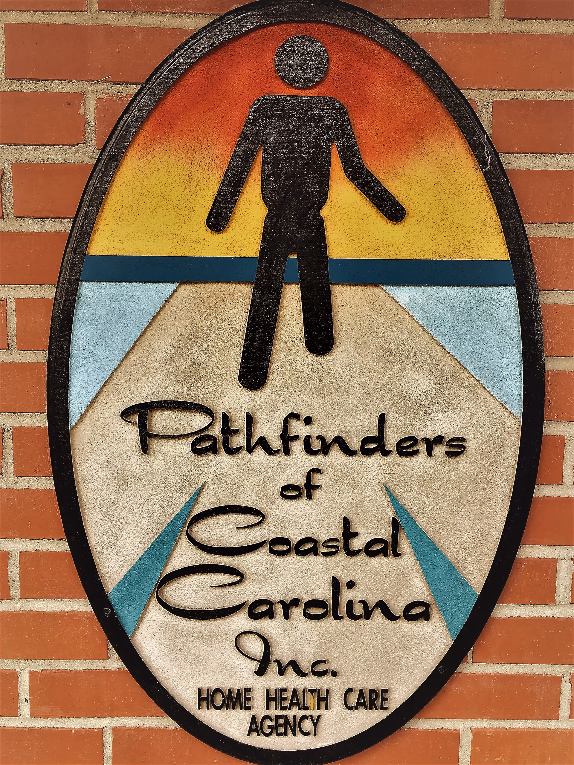 Sign on brick wall reading Pathfinders of Coastal Carolina Inc. Home Health Care Agency.