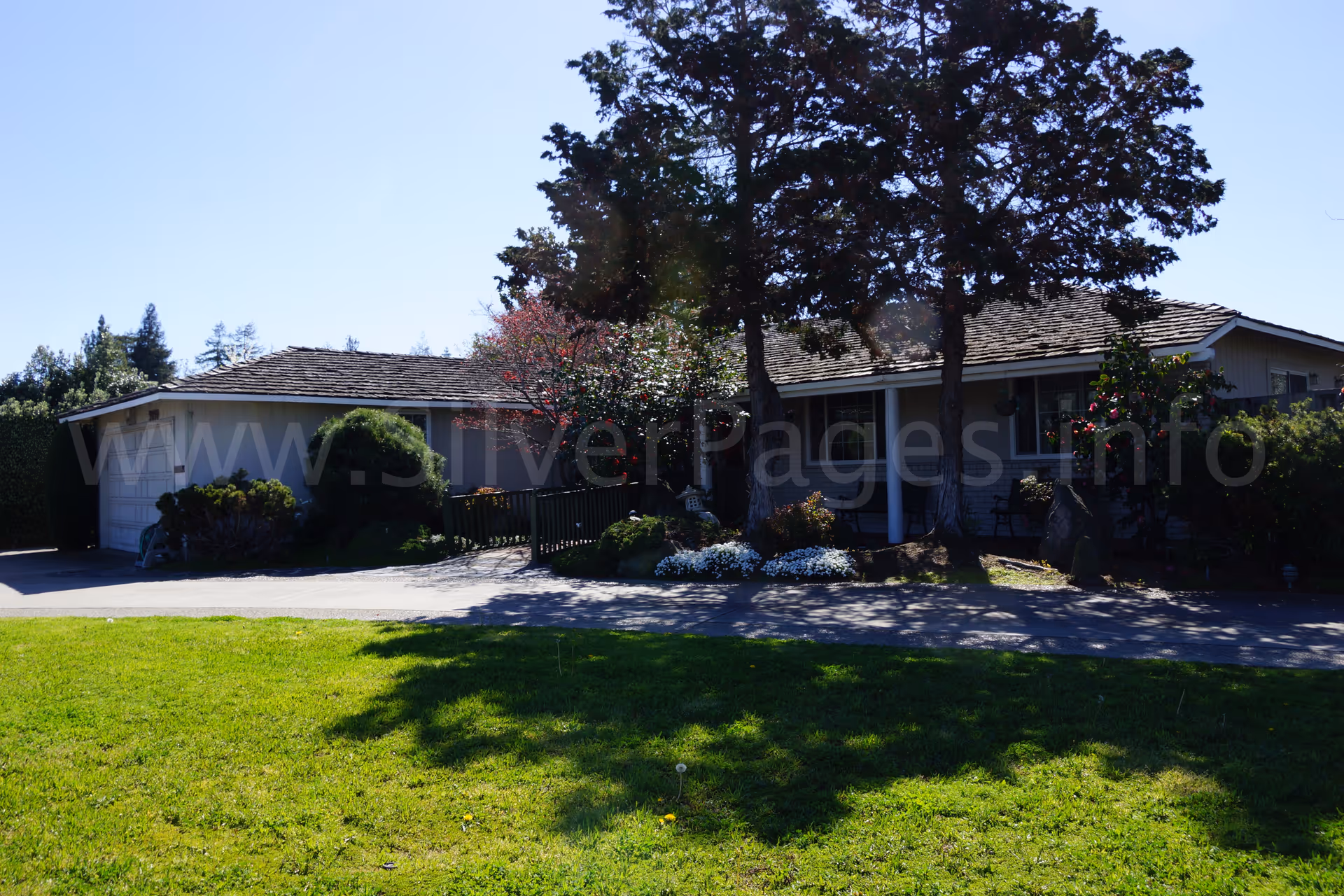Single-story residential care home with a front yard, trees, and a driveway on a sunny day.