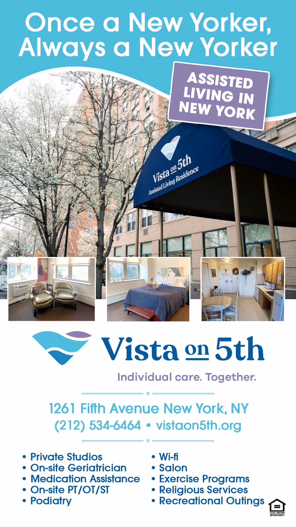 Exterior of Vista on 5th building with three interior room photos below.