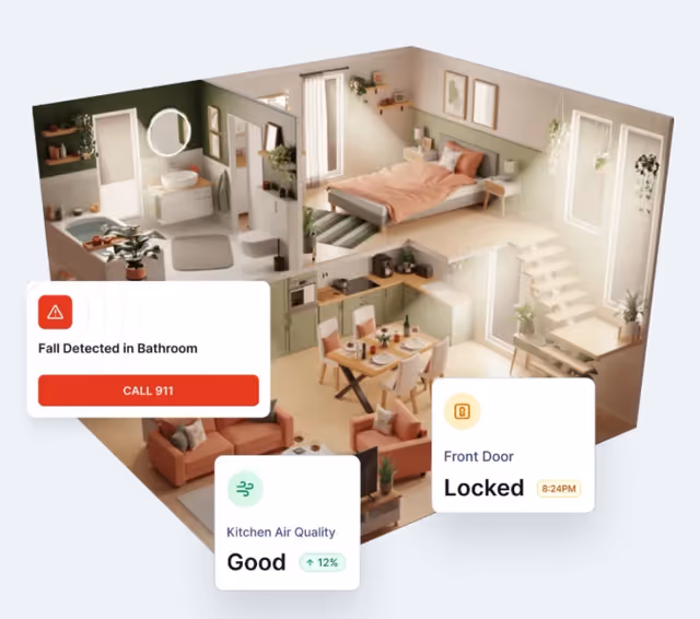 3D cutaway interior of a senior living apartment with app alerts overlay.