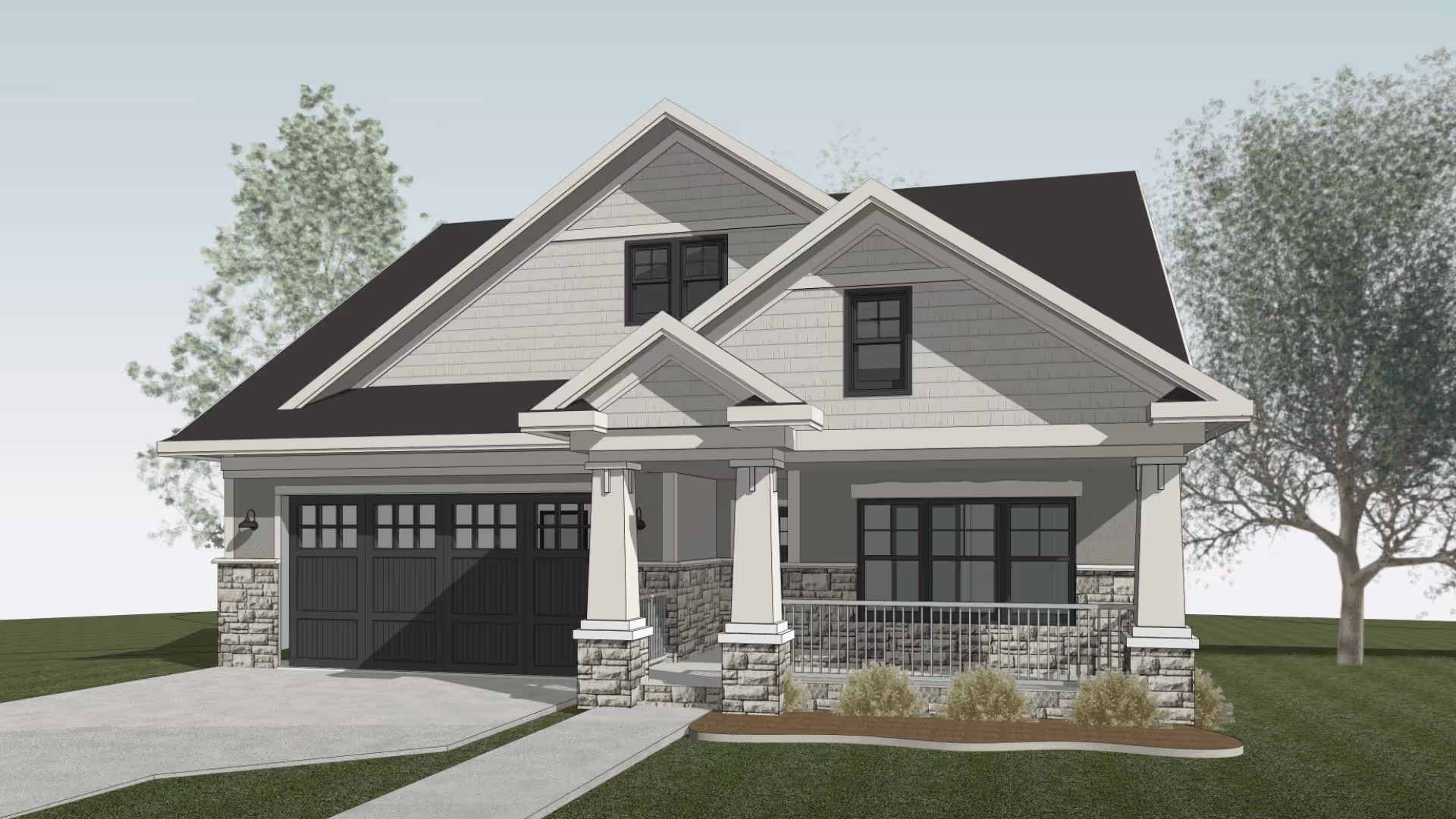 Exterior front view of a modern single-family house with a dark roof, light gray siding, stone accents on the lower walls and porch columns, a two-car garage with dark doors, a small front porch with railing, and surrounding green lawn and trees.