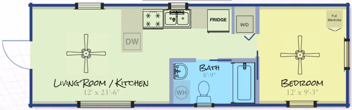 One-bedroom floor plan showing an open living room/kitchen, a bathroom, and a bedroom with labeled fixtures and dimensions.