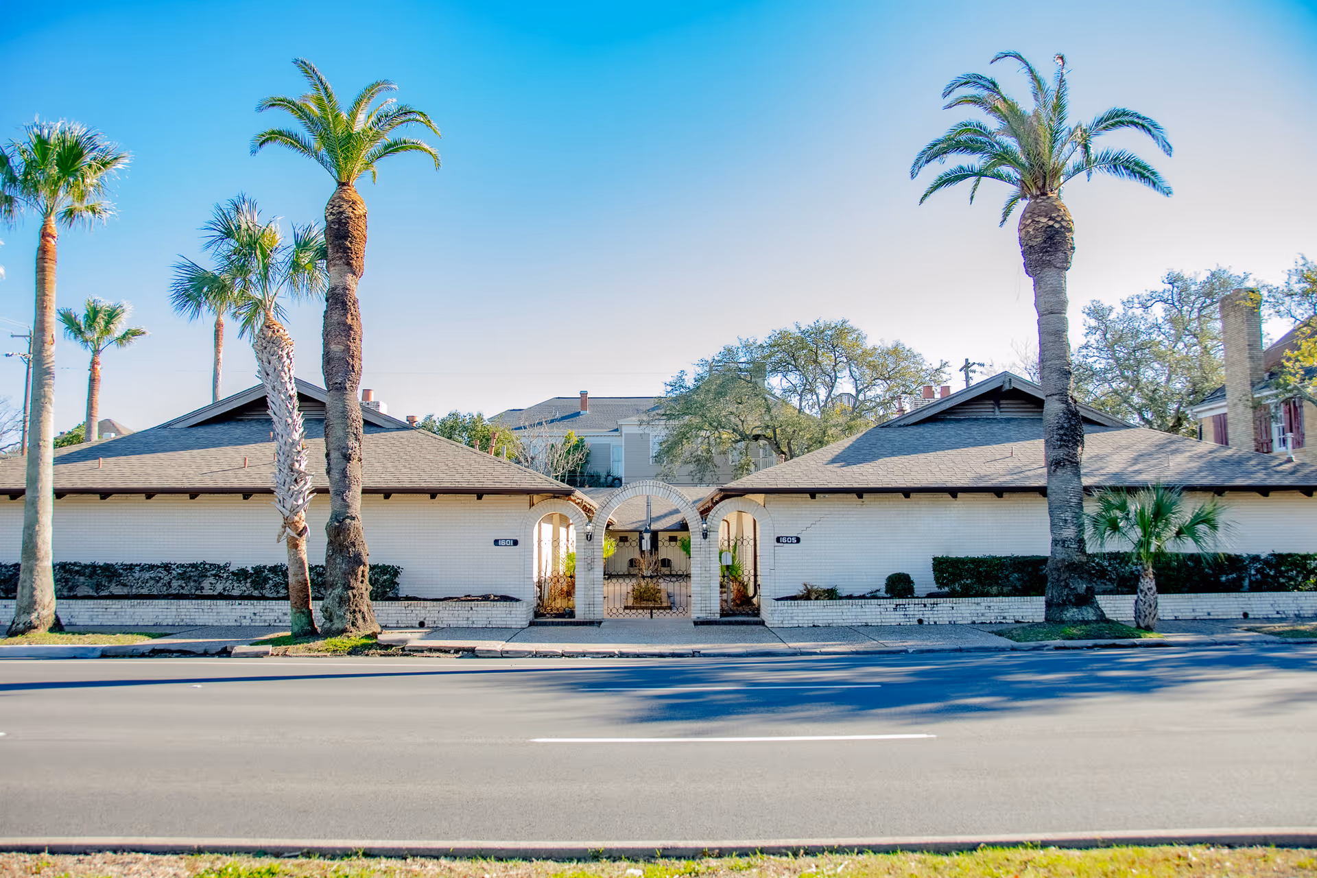 Front view of a white senior living facility with palm trees along a street.