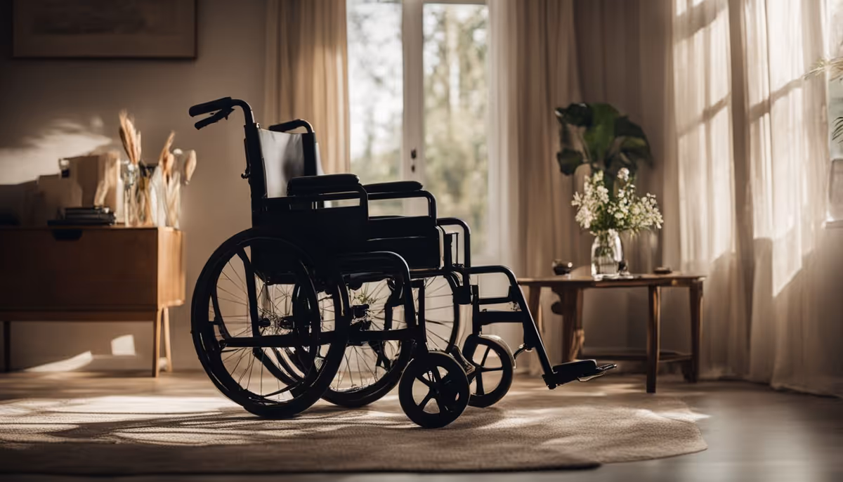 Wheelchair and walker beside a sunlit living room with curtains and plants.