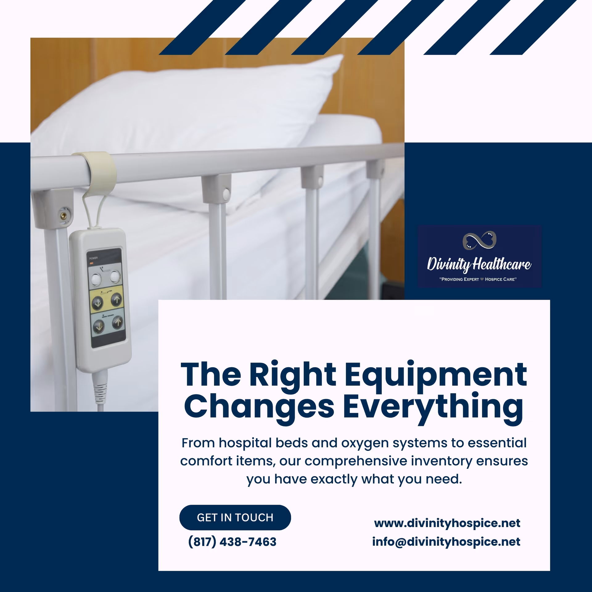Hospital bed rail with control unit in a patient room, featuring Divinity Healthcare branding.