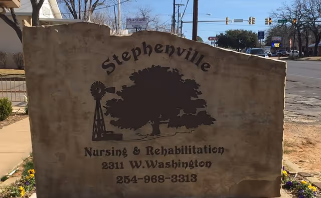 Outdoor stone sign for Stephenville Nursing & Rehabilitation by the road