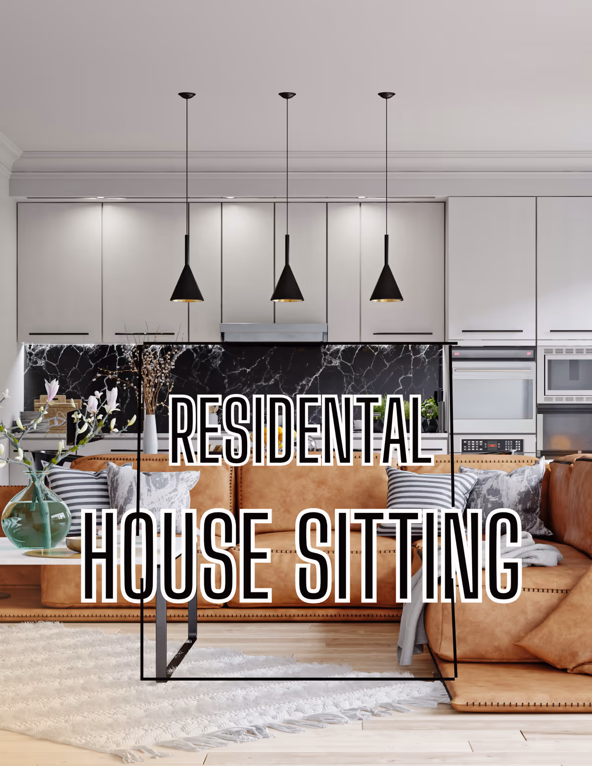 Open-concept kitchen and living room with white cabinetry, black marble backsplash, and tan leather sofa.