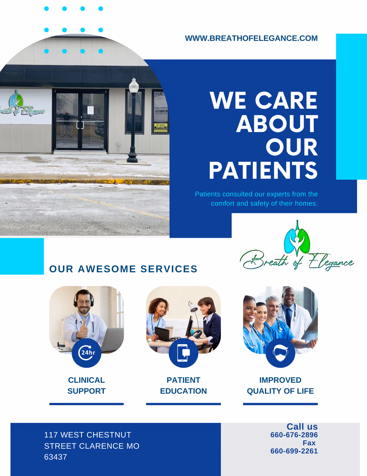 Exterior facility entrance with glass doors, a lamp post, and bold blue marketing graphics.