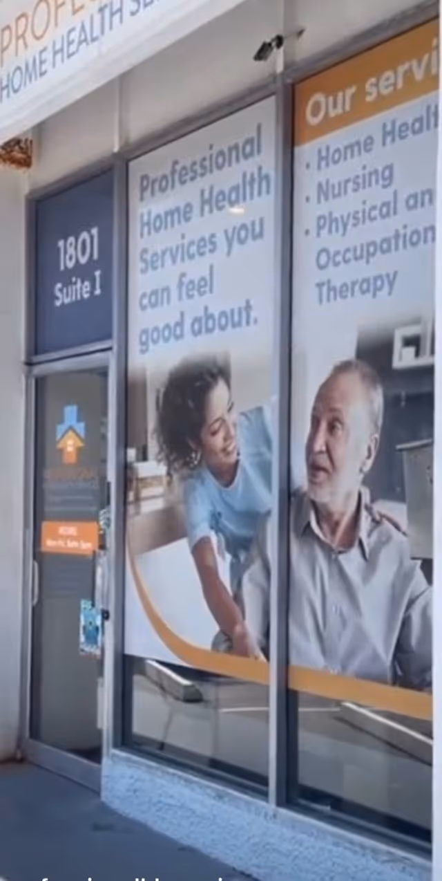 Exterior storefront with large banners advertising Professional Home Health Services.