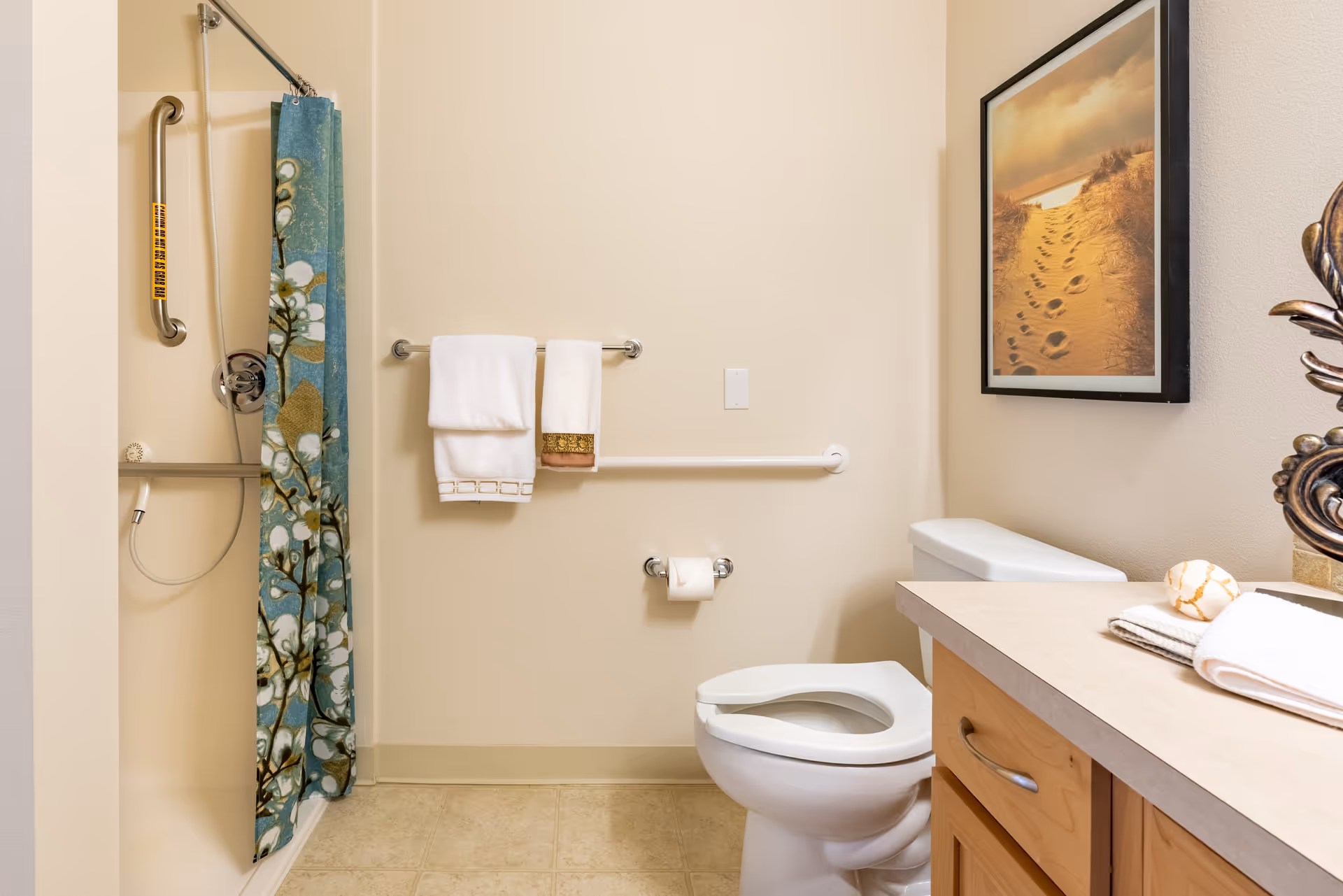 Accessible bathroom with a toilet, vanity, towel rack, and a shower with grab bars and a floral curtain.