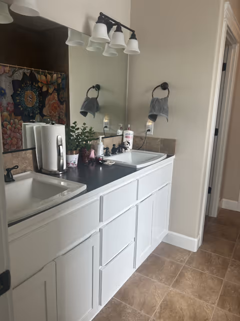 Double-sink bathroom vanity with white cabinets, mirror, overhead lights, plants, and a colorful shower curtain.