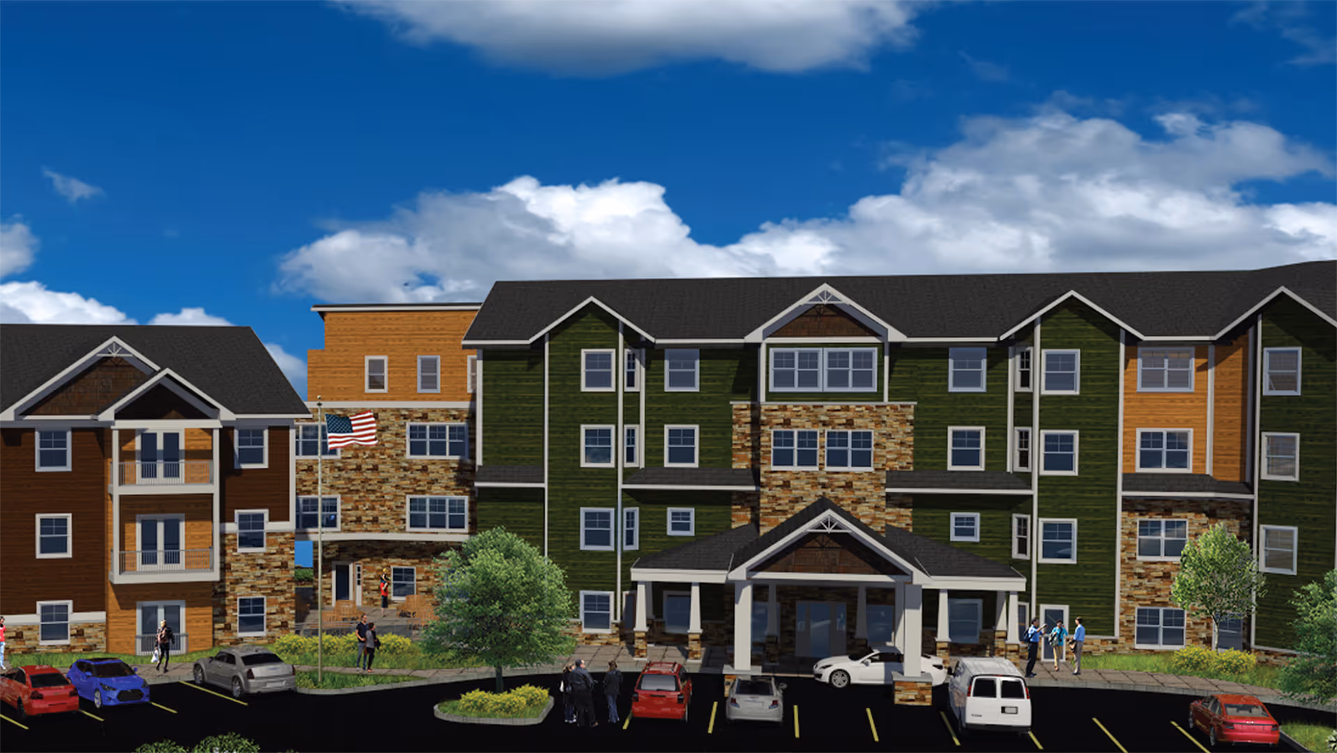 Front exterior of a multi-story senior living building with parked cars, people, landscaping, and an American flag under a blue sky.