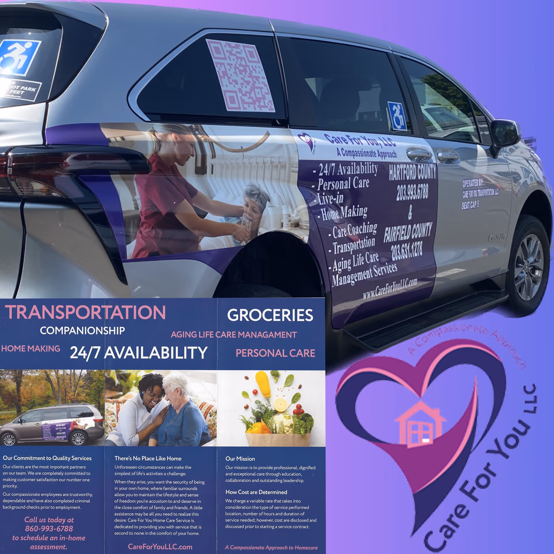 Exterior vehicle with Care For You LLC promotional wrap, featuring caregivers on purple background.