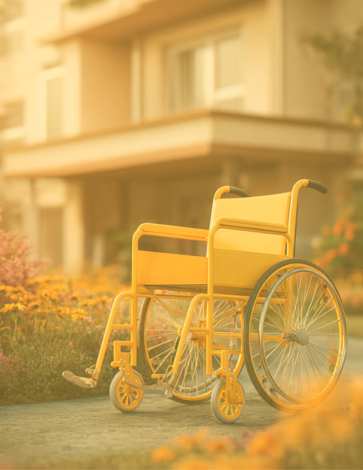 Yellow wheelchair on a walkway outside a senior living facility with yellow flowers.