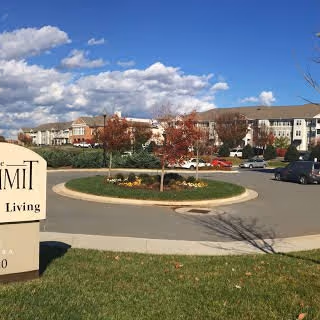 Entrance roundabout with a sign reading 'The Summit' and multi-story senior living buildings and landscaped grounds under a blue sky.