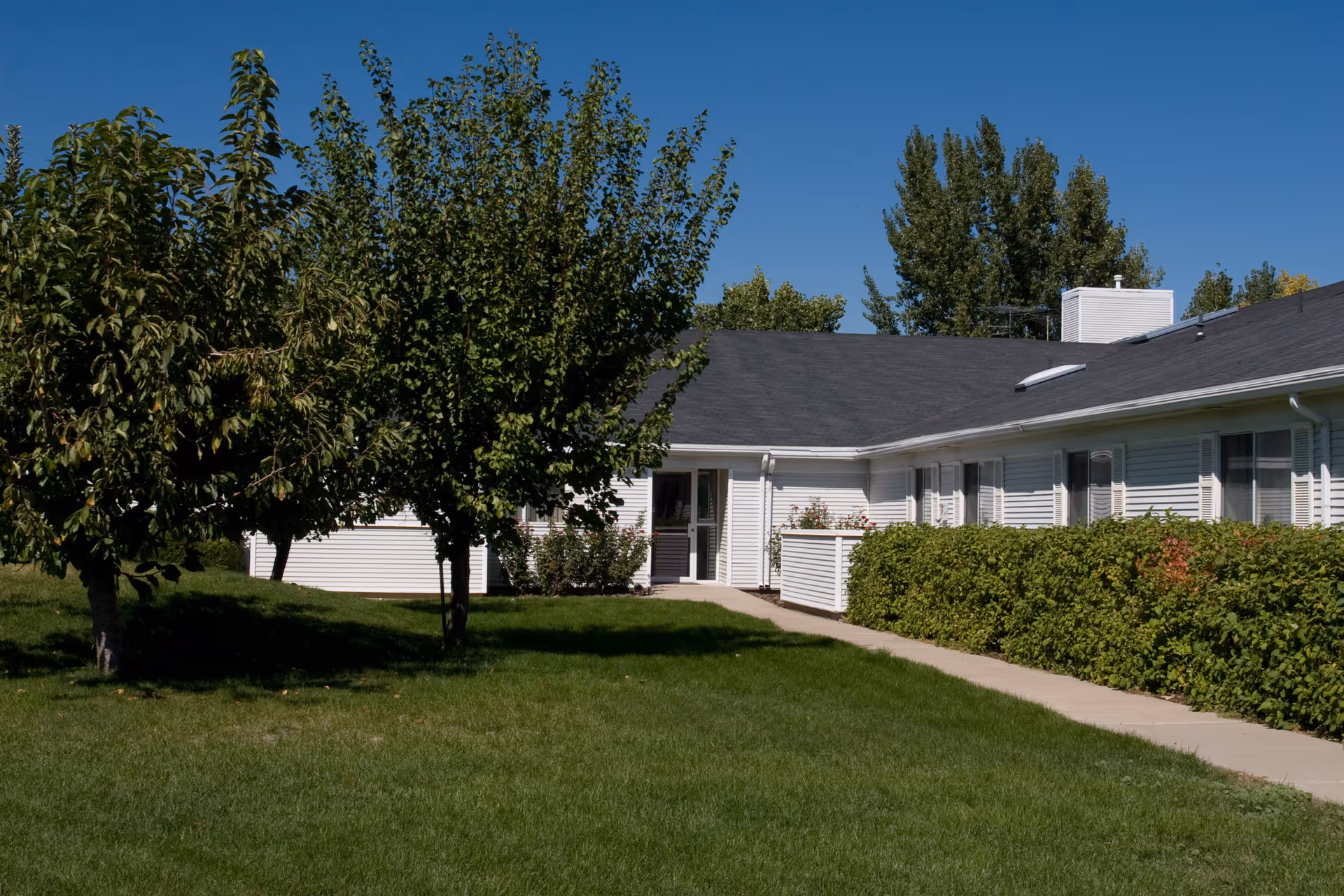 A single-story white senior living facility with a walkway, trees, and trimmed hedges.