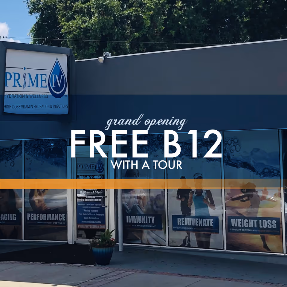 Exterior storefront of Prime IV Hydration & Wellness with large promotional banners