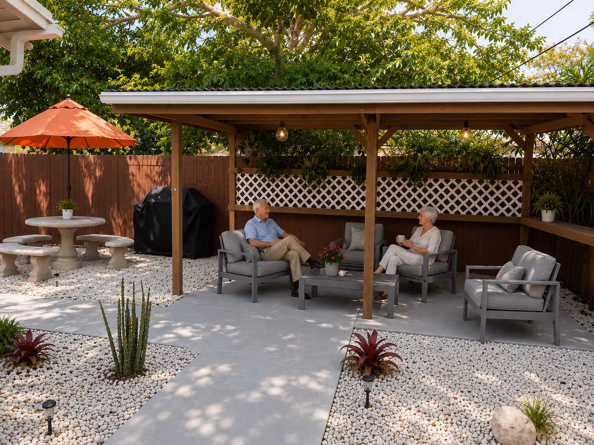Two seniors chat in a shaded outdoor lounge under a wooden pergola.