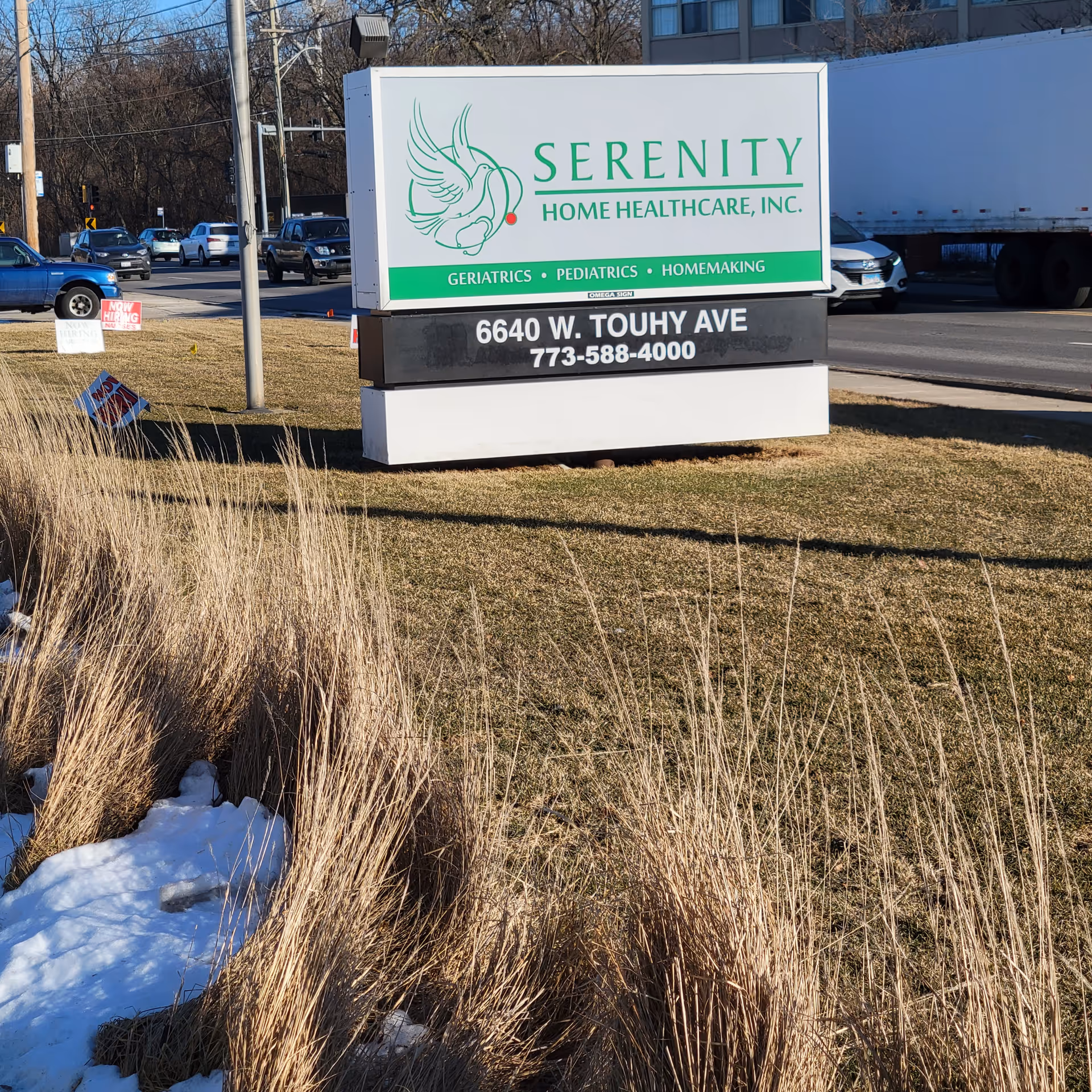 Prominent Serenity Home HealthCare sign on a grassy median beside a busy road.