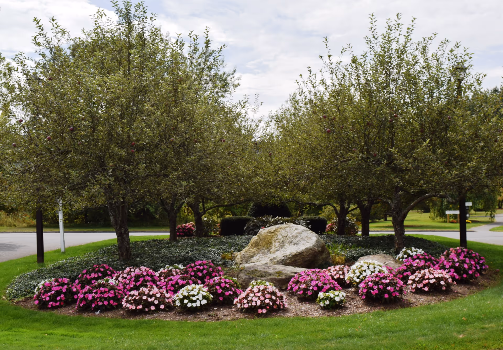 Manicured circular flower bed with pink and white blossoms, large rocks and small trees on a grassy outdoor lawn.