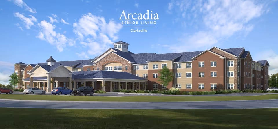 Arcadia Senior Living Clarksville exterior building with a covered entrance and parked cars.
