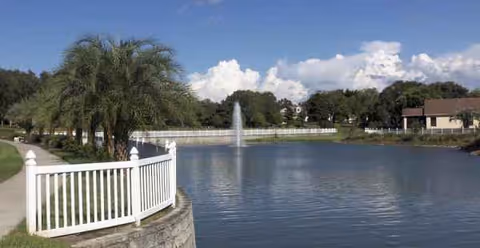 A pond with a fountain, white railing, palm trees, and a walking path.