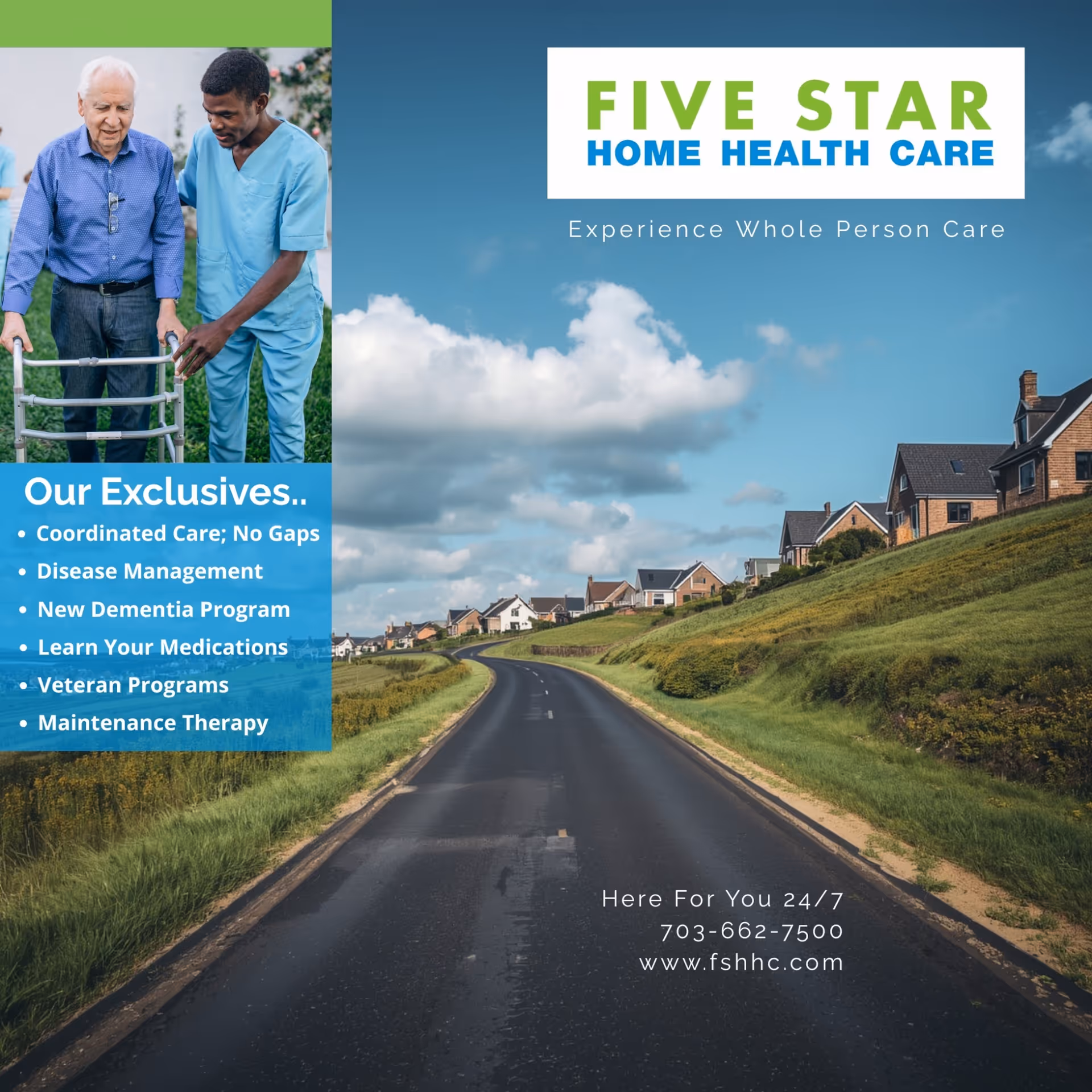 A Five Star Home Health Care brochure cover showing caregivers with an elderly man outdoors