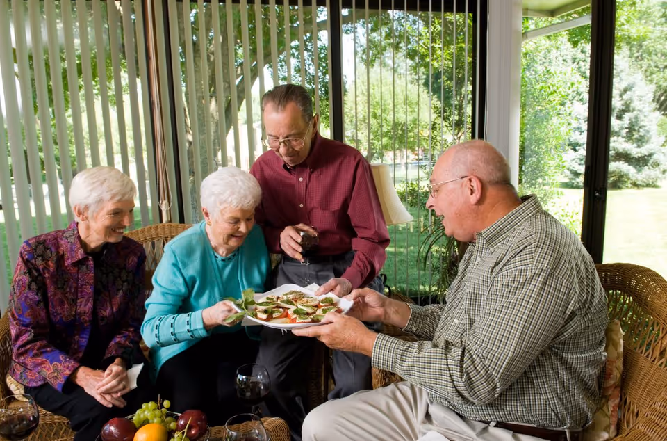 Four elderly people sitting together in a sunlit room with large windows and vertical blinds, sharing a plate of appetizers and enjoying glasses of red wine. There is a bowl of fruit on the table in front of them and greenery visible outside the windows.